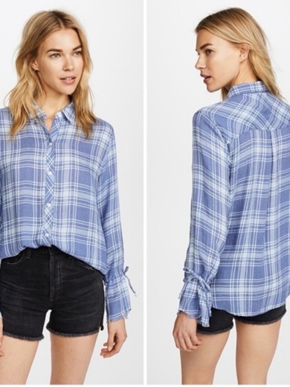 Rails Astrid Cali Blues Plaid Linen Blend Button Down Shirt XS Frayed Tie Cuffs